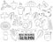 Autumn season icons set. Black and white hand drawn outline doodle objects. Coloring page kids game.