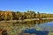 Autumn season on lake with lily pads and boats on docks