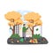 Autumn season. Man janitor cleaning street from falling autumn leaves with broom, flat vector illustration.