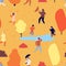 Autumn season pattern. People walking in park, fall time illustration. Flying leaves, happy children and adults with