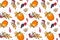 Autumn season vector seamless pattern with hand drawn pumpkin, grapes, rowan, leaves. Hand drawn repeated background for textile,