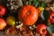 Autumn seasonal harvest. Fruits and vegetables background. Pumpkin, pears, red apples. Autumn food background.