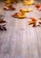 Autumn. Seasonal photo. Autumn leaves loose on a wooden board. Free space for your text products and informations