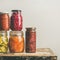 Autumn seasonal pickled or fermented vegetables in jars. Home canning