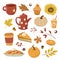 Autumn seasonal pumpkin spices, food and drink collection on white background