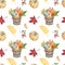 Autumn seasonal vegetables and fruits seamless pattern. Watercolor harvest basket with pumpkins on white background.