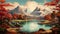 Autumn Serenity Japanese Art Style Landscape of Shimmering Lake and Majestic Mountains by AI generated