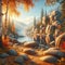 Autumn Serenity: Lakeside Granite Boulders. landscape background, Autumn Season