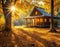 Autumn Serenity at Rustic Cabin, tranquil autumn scene with sunlight