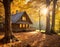 Autumn Serenity at Rustic Cabin, tranquil autumn scene with sunlight