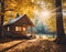 Autumn Serenity at Rustic Cabin, tranquil autumn scene with sunlight