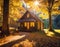 Autumn Serenity at Rustic Cabin, tranquil autumn scene with sunlight