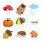 Autumn set. Autumnal cartoon symbols collection isolated on white. Fall illustration elements. Seasonal vector icons with coat,