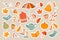 Autumn set of cozy stickers. Sweater, socks, pumpkins, mountain ash, mushrooms, umbrella, autumn leaves. Design elements