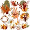Autumn set, cute forest animals and autumn elements, cunning fox, dancing rabbit, funny raccoon, colorful trees, leaves