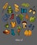 Autumn set of different colorful elements. Hat, mushroom, acorn, umbrella, pumpkin, grapes, rubber boots, squirrel,apple