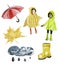 Autumn set of elements umbrella, leaf, cloud, boots, children in raincoats