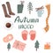 Autumn set of  illustrations. Socks, coffee, donuts, cinnamon, presents, Christmas trees, letter, slippers. Cozy and comfort