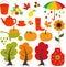 Autumn set, leaves, trees, mushrooms, nuts, pumpkin, apples, pears, rain, cloud, maple, sunflower, boots.