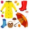 Autumn set: raincoat, umbrella, boots, socks, tea, mushrooms and colorful autumn leaves. Vector illustration