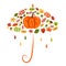 Autumn set in the shape of an umbrella: pumpkin, apples, mushrooms, berries, acorns, yellowing leaves. Gardening. Flat