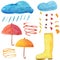 Autumn set of umbrellas, yellow boots and clouds on a white background. watercolor illustration for prints, testille design,