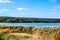 Autumn shore of a large reservoir