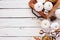 Autumn side border with tray of white pumpkins and decor over a white wood background