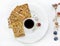 Autumn snack, a set of cookies with sesame seeds, cereal biscuits and black coffee