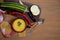 Autumn soup-mashed zucchini and pumpkin on a brown wooden background, sliced zucchini on a wooden cutting Board