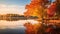 Autumn Splendor: Serene Wetland With Vibrant Cherry Trees And Calm Lake