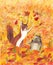 Autumn squirrel and hedgehog watercolor