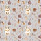 Autumn squirrels seamless pattern drawn in wax crayons on gray background.Fall holiday print for Thanksgiving