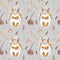 Autumn squirrels seamless pattern drawn in wax crayons on gray background.Fall holiday print for Thanksgiving