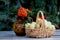 Autumn still life of apples in a basket and bunches of mountain ash, front view, horizontal