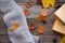 Autumn still life. Autumn leaves, book on wooden board. Top view, vintage style. Flat lay.