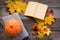 Autumn still life. Autumn leaves, open book and pumpkin on wooden board. Top view. Flat lay.