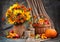 Autumn still life. Flower, fruit and vegetables