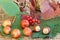 Autumn still life with fruits of hawthorn, hazelnuts, branch of