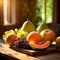 Autumn still life fruits, melon, grapes, plums, pears in rustic style on the table