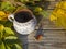 Autumn still life, hot smoking tea in rustic white blue painted ceramic cup with colorful autumn colored leaves, beech