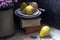 Autumn still life with pears, apple, chrysanthemums and books. Rustic style.