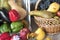 Autumn still life with pumpkins, apples, corn. Autumn panorama with fruits and vegetables.