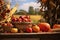 Autumn still life with pumpkins, apples and corn in basket, Basket Of Pumpkins, Apples And Corn On Harvest Table With Field Trees