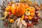 Autumn still life with pumpkins, corn cobs and berries