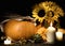 Autumn still life with pumpkins and flowers
