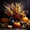 Autumn still life with pumpkins, flowers, fruits in a rustic style, Happy Thanksgiving, Harvest