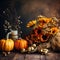 Autumn still life with pumpkins, flowers, fruits in a rustic style, Happy Thanksgiving, Harvest, autumn mood