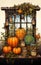 Autumn still life with pumpkins, flowers and lanterns