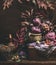 Autumn still life with purple fruits and vegetables on dark wooden table with fall leaves. Garden harvest. Organic farm production